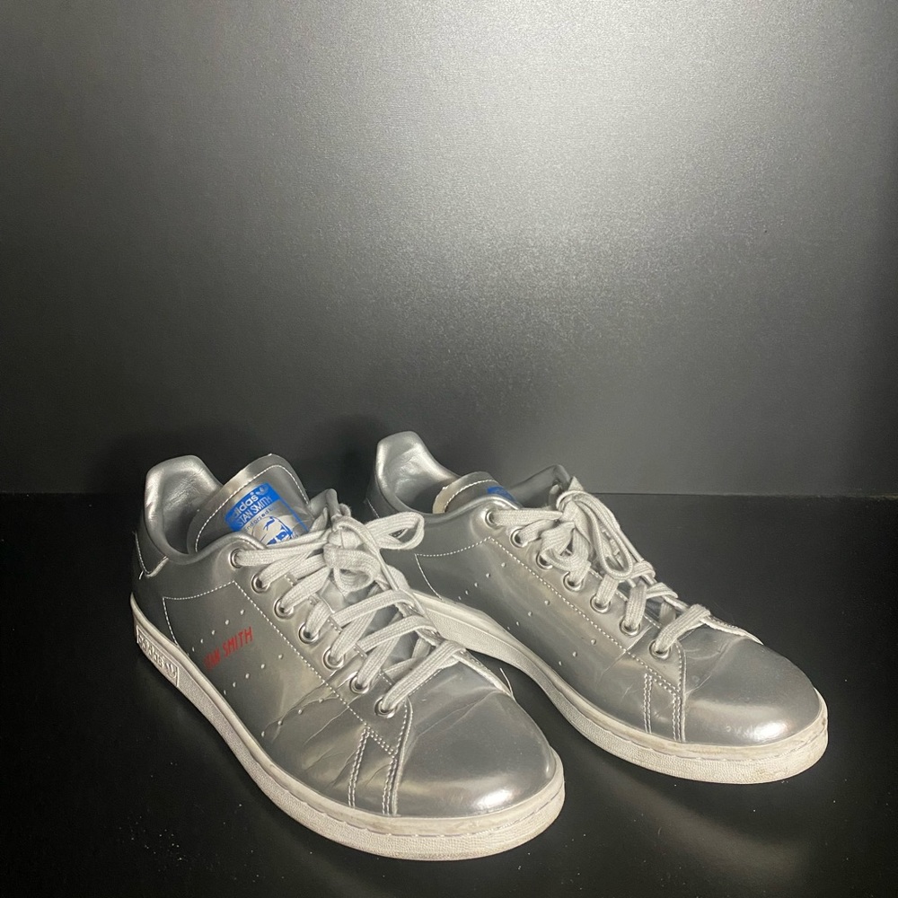 Shiny silver Adidas Stan Smith, size 10
